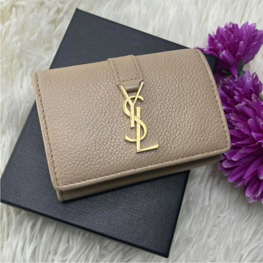Saint Laurent Taupe Leather Wallet with Gold Logo - Picture 1 of 12